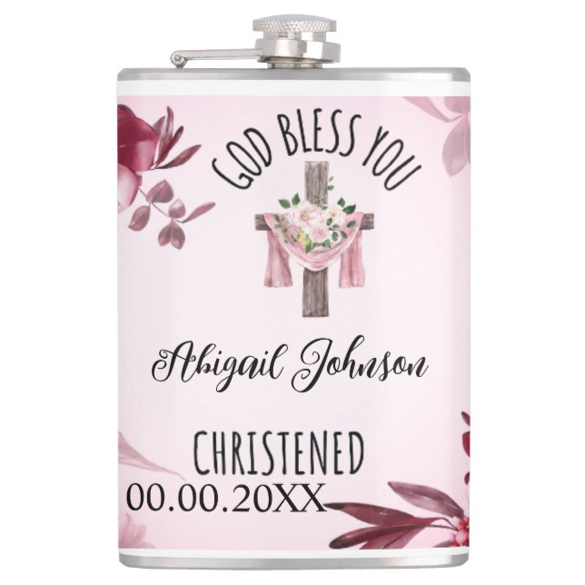 Baptised Christened Name Date God Bless You Custom Flask (Front)
