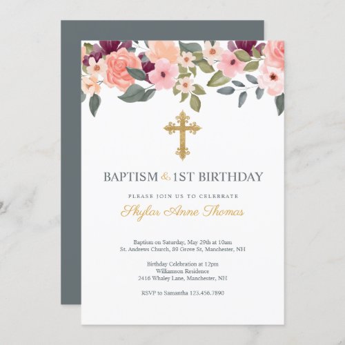 Baptism  1st Birthday Blush Watercolor Florals Invitation