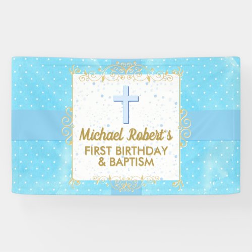 Baptism 1st Birthday Boy Blue Gold Text Polka Dot Banner