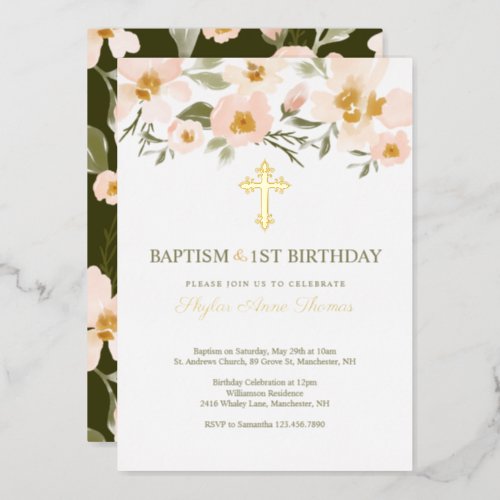 Baptism  1St Birthday Elegant Watercolor Florals Foil Invitation