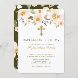 Baptism & 1St Birthday Elegant Watercolor Florals Invitation