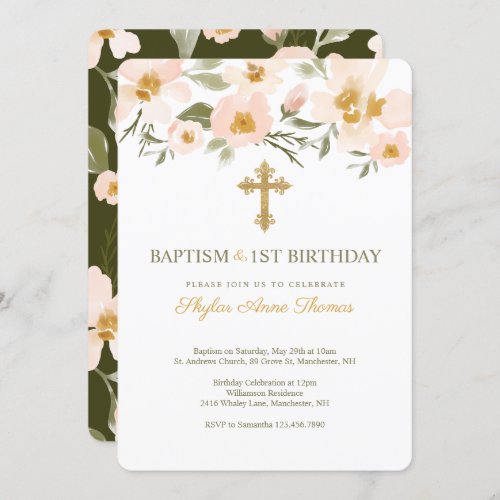 Baptism  1St Birthday Elegant Watercolor Florals Invitation