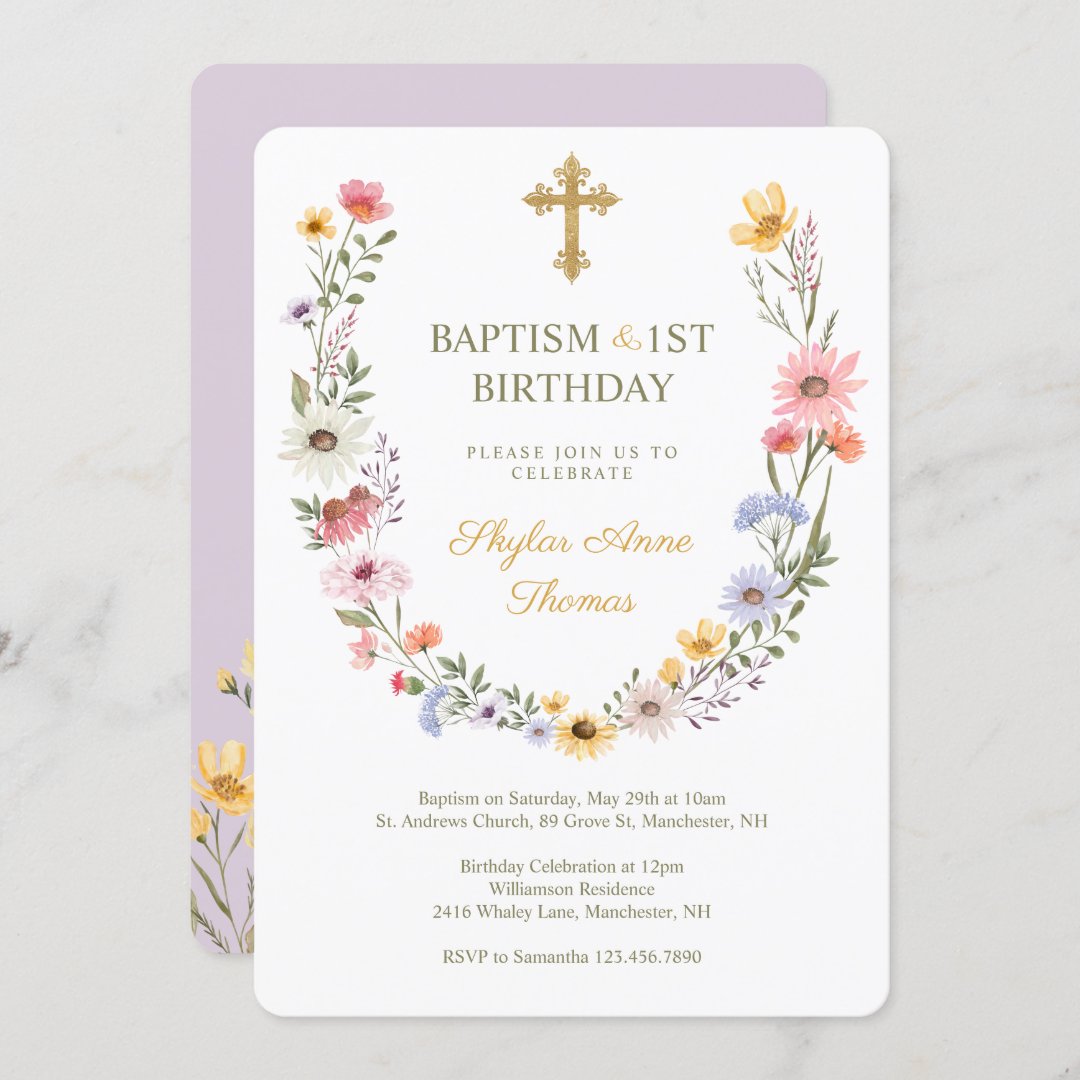 Baptism & 1St Birthday Elegant Wildflowers Wreath Invitation | Zazzle