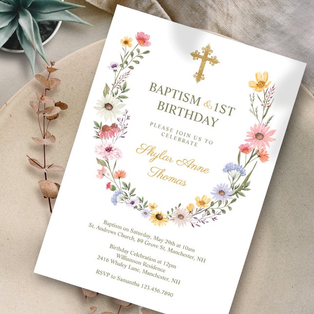 Baptism & 1St Birthday Elegant Wildflowers Wreath Invitation (Creator Uploaded)