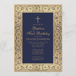Baptism 1st Birthday Floral Gold Navy Blue Elegant Invitation