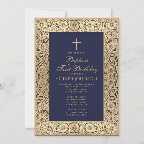 Baptism 1st Birthday Floral Gold Navy Blue Elegant Invitation