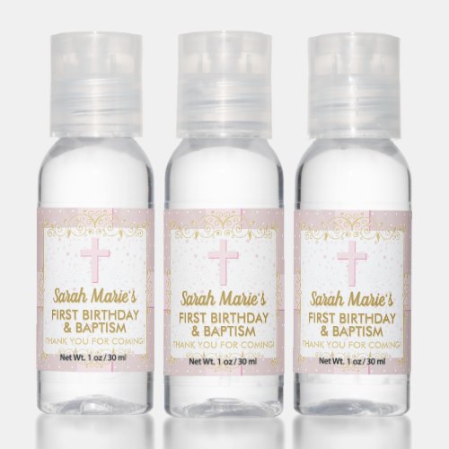 Baptism 1st Birthday Girl Pink Gold Thank You Hand Sanitizer