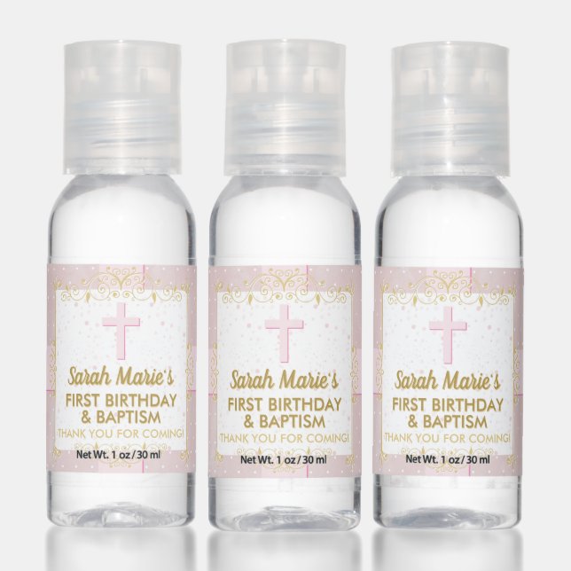 Baptism 1st Birthday Girl Pink Gold Thank You Hand Sanitizer (Set)