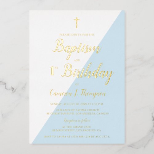 Baptism 1st Birthday Invitation Blue Gold Cross  Foil Invitation
