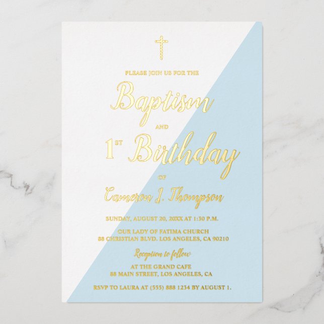 Baptism 1st Birthday Invitation Blue Gold Cross  Foil Invitation (Front)