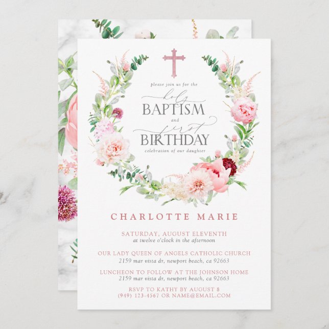 Baptism 1st Birthday Pink Floral Marble Cross Girl Invitation (Front/Back)