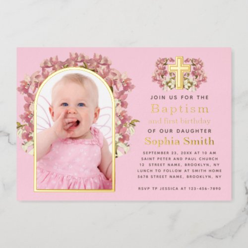 Baptism 1st Birthday Pink Girl Photo Arch Orchids  Foil Invitation