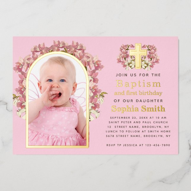 Baptism 1st Birthday Pink Girl Photo Arch Orchids  Foil Invitation (Front)