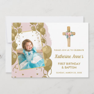 Baptism 1st Birthday Pink Gold  Text Photo Invitation
