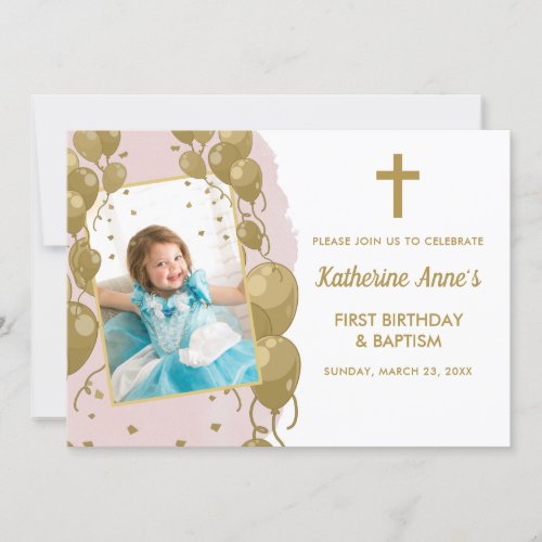Baptism 1st Birthday Pink Gold  Text Photo Invitation