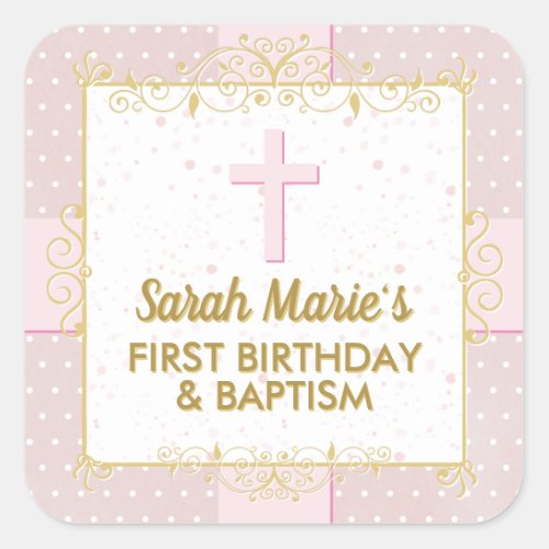 Baptism 1st Birthday Pink Gold Text Polka Dot Square Sticker