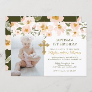 Baptism & 1st Birthday Watercolor Florals Photo Invitation
