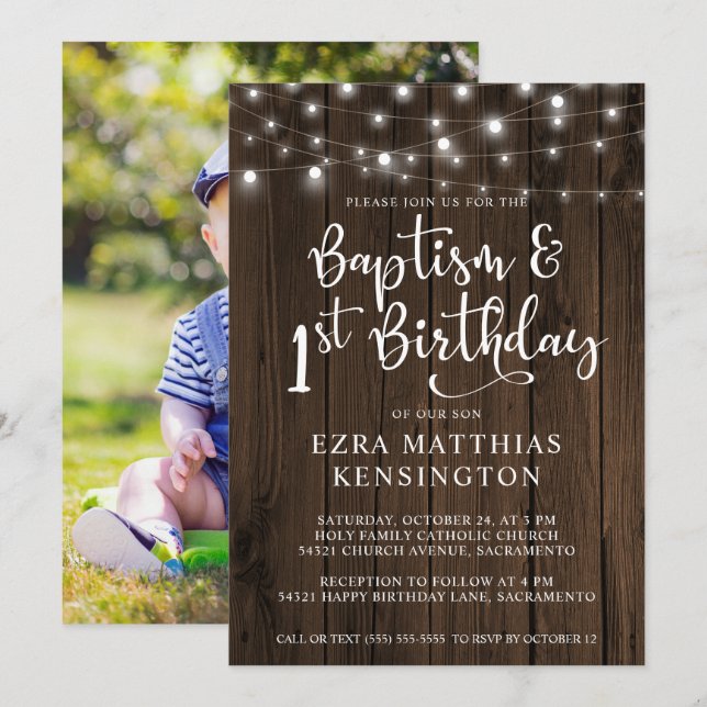 Baptism 1st Birthday Wood String Lights Photo Invitation (Front/Back)