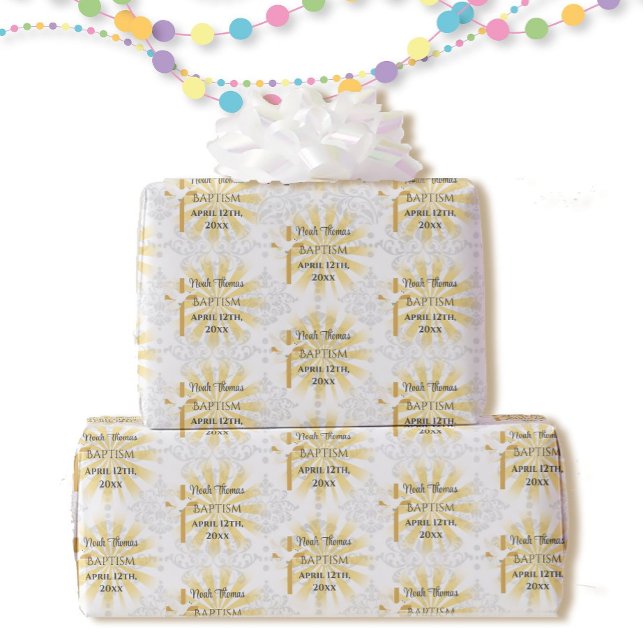 Baptism Add Name & Date Cross Dove White Damask Wrapping Paper (Creator Uploaded)
