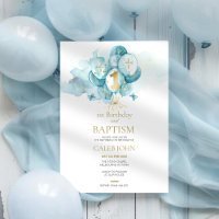 Baptism and 1st Birthday Blue Balloon Invitation