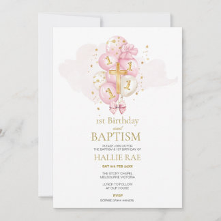 Baptism and 1st Birthday Invitation Pink and Gold