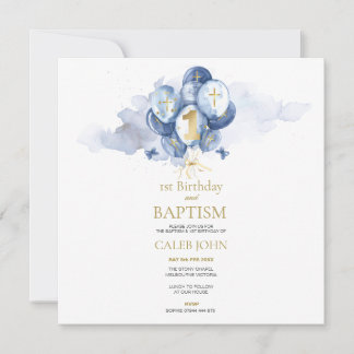 Baptism and 1st Birthday Navy & Gold Invitation