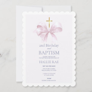 Baptism and 2nd Birthday Modern Pink Bow Invitation