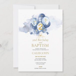 Baptism and 2nd Birthday Navy and Gold Invitation