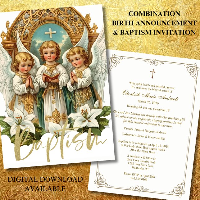 Baptism and Birth Announcement Angels Lilies Gold  (Creator Uploaded)