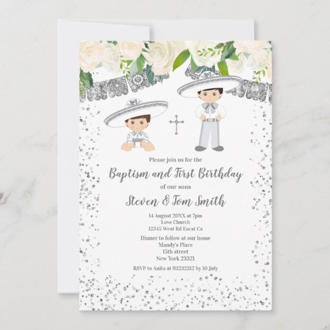  Baptism and Birthday Fiesta Floral Twins Boy  Invitation (Front)