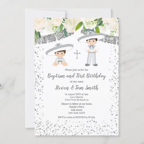  Baptism and Birthday Fiesta Floral Twins Boy  Invitation