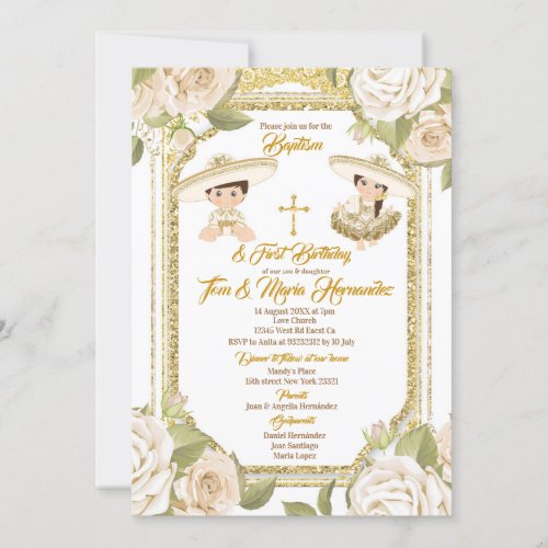 Baptism and Birthday White Floral Twin Boy Girl Invitation
