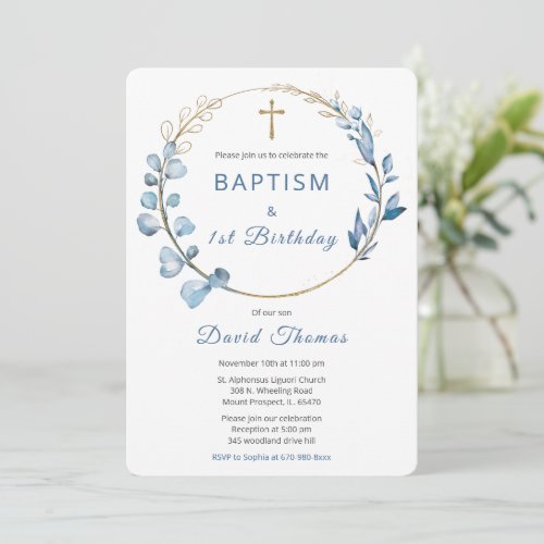 Baptism and First Birthday  Boy Invitation