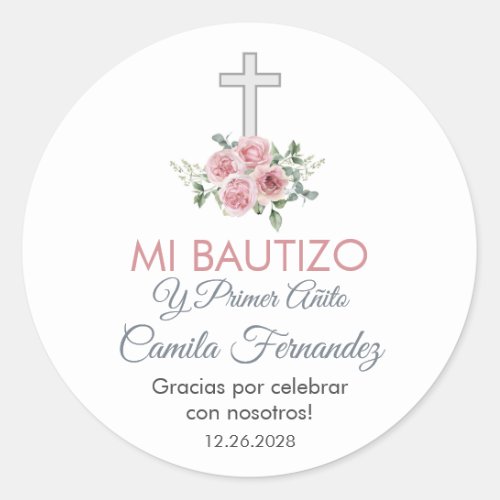 Baptism and First Birthday  Favors Pink Roses Classic Round Sticker