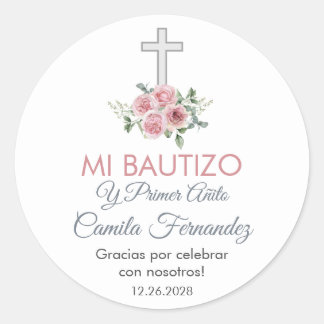 Baptism and First Birthday Favors Pink Roses Classic Round Sticker