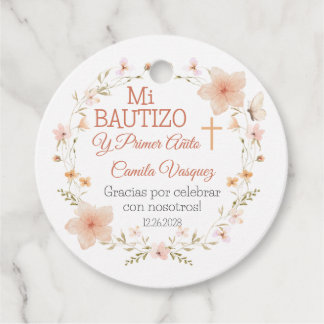 Baptism and First Birthday Pink Flowers Bautizo Favor Tags