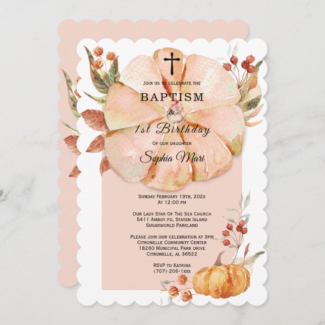 Baptism and First Birthday Pumpkin Girl Invitation (Front/Back)