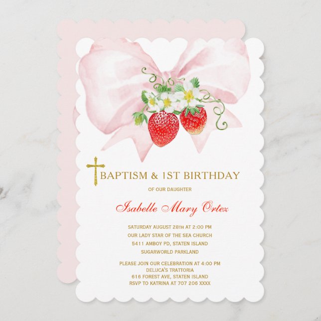 Baptism and First Birthday Strawberry Invitation (Front/Back)