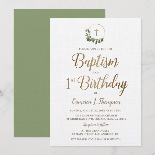 Baptism and first Birthday Wreath Gold Cross Invitation (Front/Back)