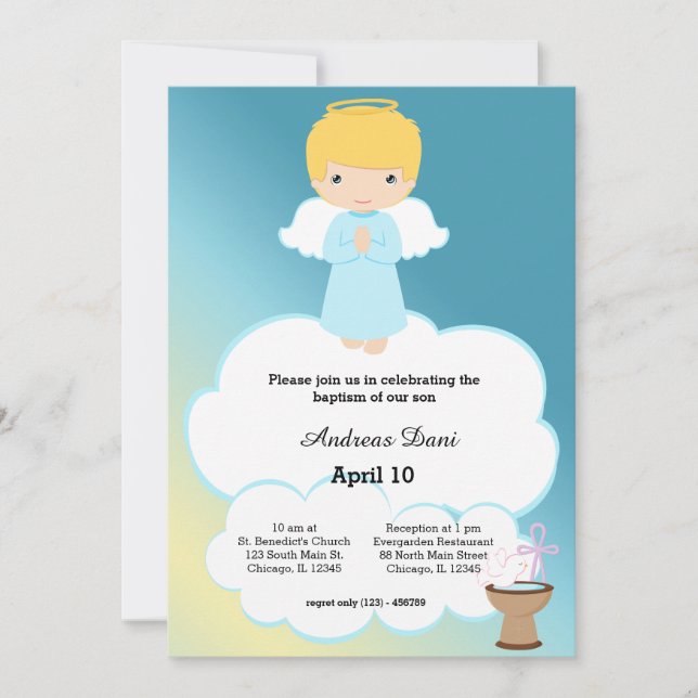 Baptism Angel boy Invitation (Front)