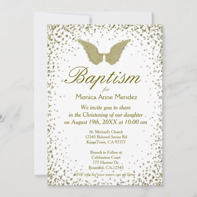 Baptism | Angel Wings & Gold Confetti Invitation (Front)