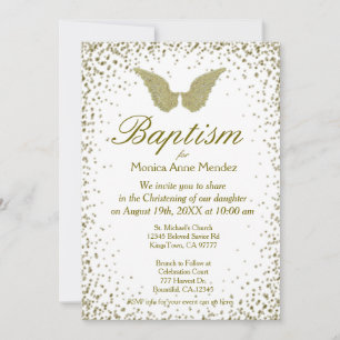 Baptism Angel Wings & Gold Confetti Invitation