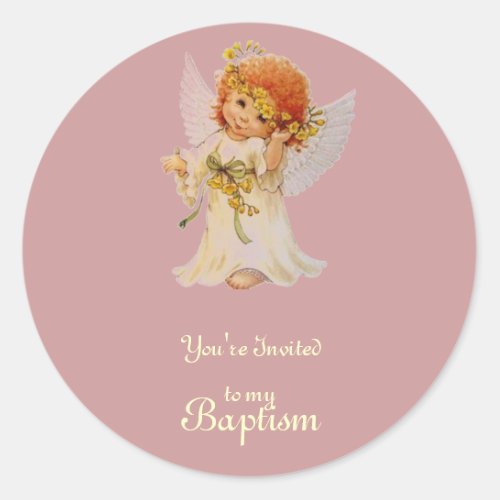 Baptism Angel with wings and floral crown    Classic Round Sticker