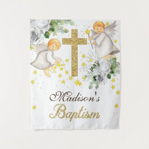 Baptism Angels Gold Glitter Gender Neutral Tapestry