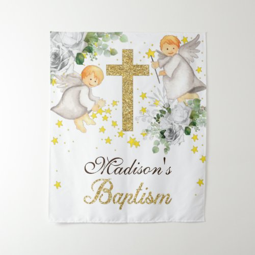 Baptism Angels Gold Glitter Gender Neutral Tapestry