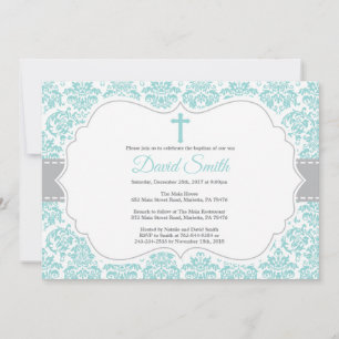 Baptism Aqua Teal Turquoise and Gray Damask Invitation