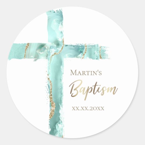 Baptism aquamarine agate Holy Cross Classic Round Sticker