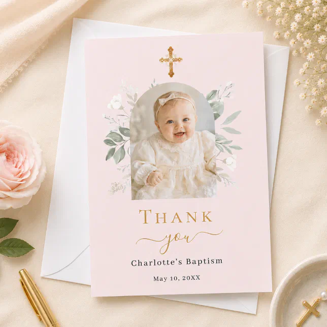 Baptism arch photo blush pink white floral girl thank you card | Zazzle