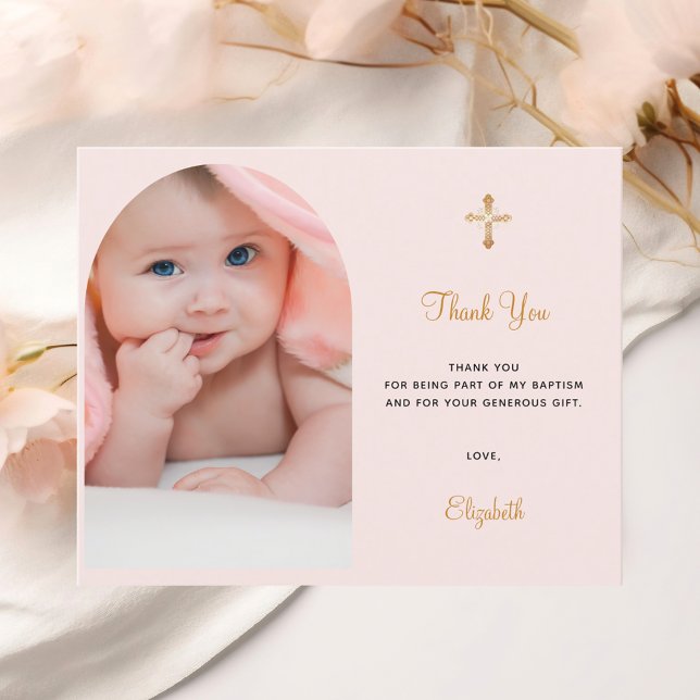 Baptism arch photo blush rose thank you card (Creator Uploaded)