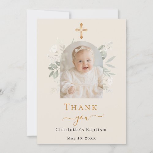 Baptism arch photo champagne white florals girl thank you card